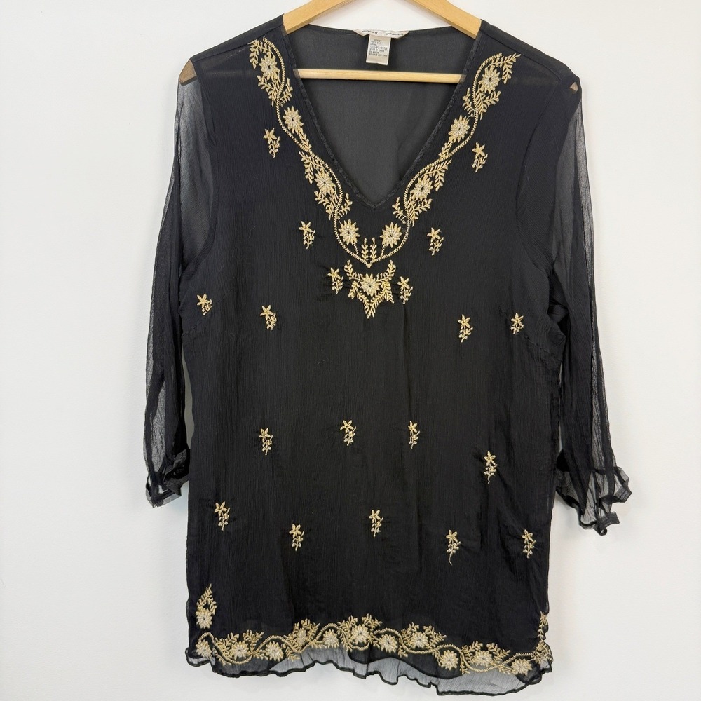 Edward Woman Embroidered Crinkle Silk Sheer Blouse Women 2X Black Gold